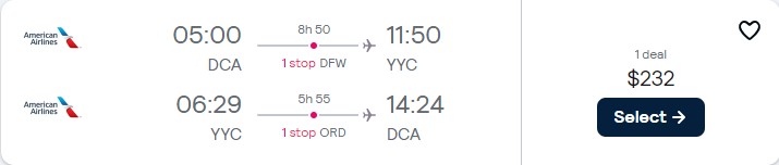 Click here to book this cheap flight deal. Cheap flights from Washington DC to Calgary, Canada for only $232 roundtrip with American Airlines. Flight deal ticket image.