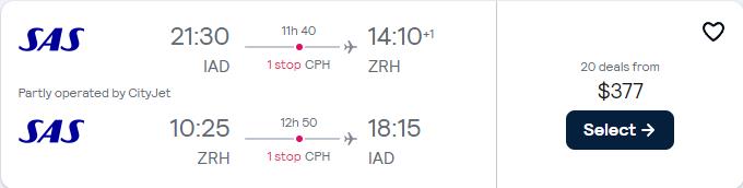 Click here to book this cheap flight deal. Cheap flights from Washington DC to Zurich, Switzerland for only $377 roundtrip with Scandinavian Airlines. Flight deal ticket image.