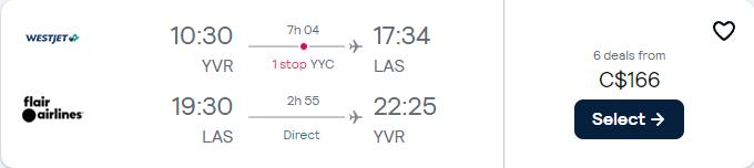 Cheap flights from Vancouver, Canada to Las Vegas, USA for only $166 CAD roundtrip. Flight deal ticket image.