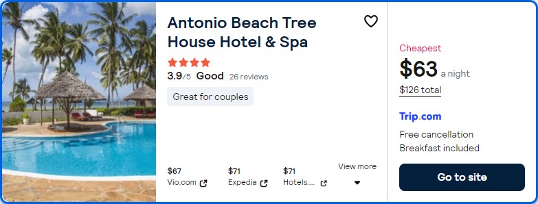 Stay at the 4* Antonio Beach Tree House Hotel & Spa in Zanzibar, Tanzania for only $63 USD per night. Flight deal ticket image.