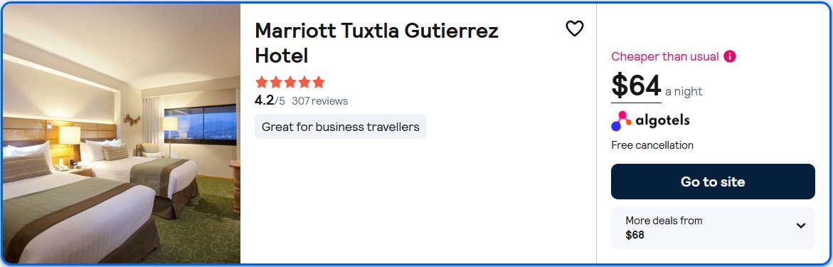 Stay at the 5* Marriott Tuxtla Gutierrez Hotel in Tuxtla Gutierrez, Mexico for only $64 USD per night. Flight deal ticket image.