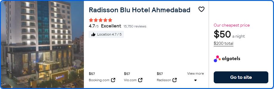 Click here to book this cheap flight deal. Stay at the 5* Radisson Blu Hotel Ahmedabad in Ahmedabad, India for only $50 USD per night. Flight deal ticket image.