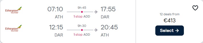 Cheap flights from Athens, Greece to Dar Es Salaam, Tanzania for only €413 roundtrip. Flight deal ticket image.