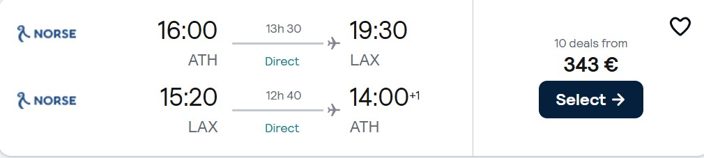 Non-stop flights from Athens, Greece to Los Angeles, USA for only €343 roundtrip. Flight deal ticket image.