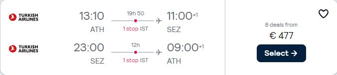 Cheap flights from Athens, Greece to the Seychelles for only €477 roundtrip with Turkish Airlines. Flight deal ticket image.