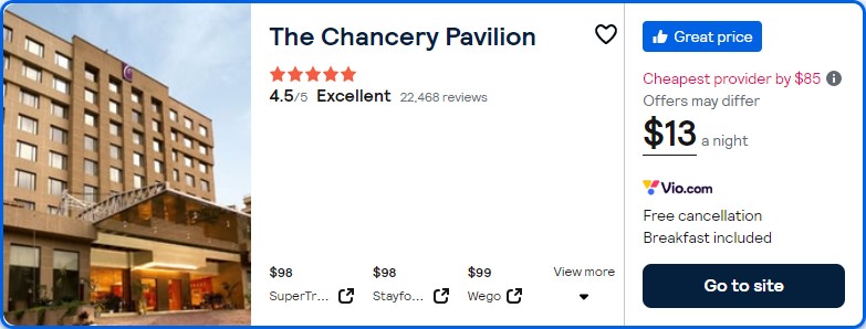 Click here to book this cheap flight deal. Stay at the 5* The Chancery Pavilion in Bengaluru, India for only $13 USD per night. Flight deal ticket image.