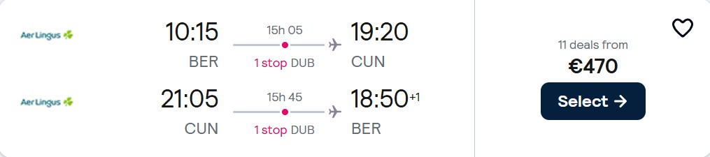 Click here to book this cheap flight deal. Cheap flights from Berlin, Germany to Cancun, Mexico for only €470 roundtrip with Aer Lingus. Flight deal ticket image.