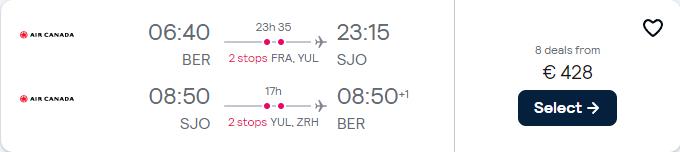 Cheap flights from ________ to San Jose, Costa Rica from only €428 roundtrip with Lufthansa, Air Canada and Swiss International Air Lines. Flight deal ticket image.