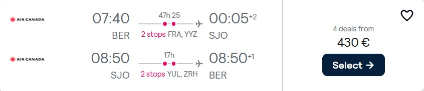Cheap flights from European cities to San Jose, Costa Rica from only €430 roundtrip with Lufthansa, Air Canada and Swiss International Air Lines. Flight deal ticket image.