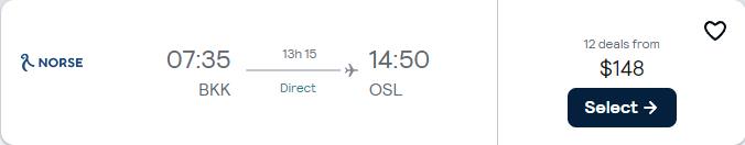 Non-stop flights from Bangkok, Thailand to Oslo, Norway for only $148 USD one-way. Flight deal ticket image.