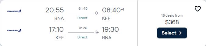 Non-stop flights from Nashville to Reykjavik, Iceland for only $368 roundtrip. Flight deal ticket image.