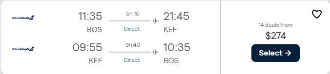 Non-stop flights from Boston or New York to Reykjavik, Iceland for only $274 roundtrip. Flight deal ticket image.