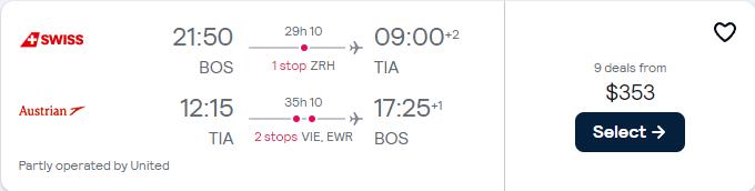 Cheap flights from Boston to Tirana, Albania for only $353 roundtrip with Swiss International Air Lines, Austrian Airlines and United Airlines. Flight deal ticket image.