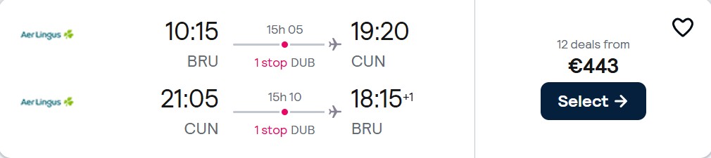 Click here to book this cheap flight deal. Cheap flights from Brussels, Belgium to Cancun, Mexico for only €443 roundtrip with Aer Lingus. Flight deal ticket image.