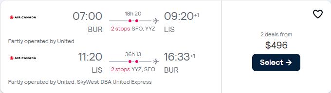 Click here to book this cheap flight deal. Cheap flights from Burbank, California to Lisbon, Portugal for only $496 roundtrip with United Airlines and Air Canada. Flight deal ticket image.