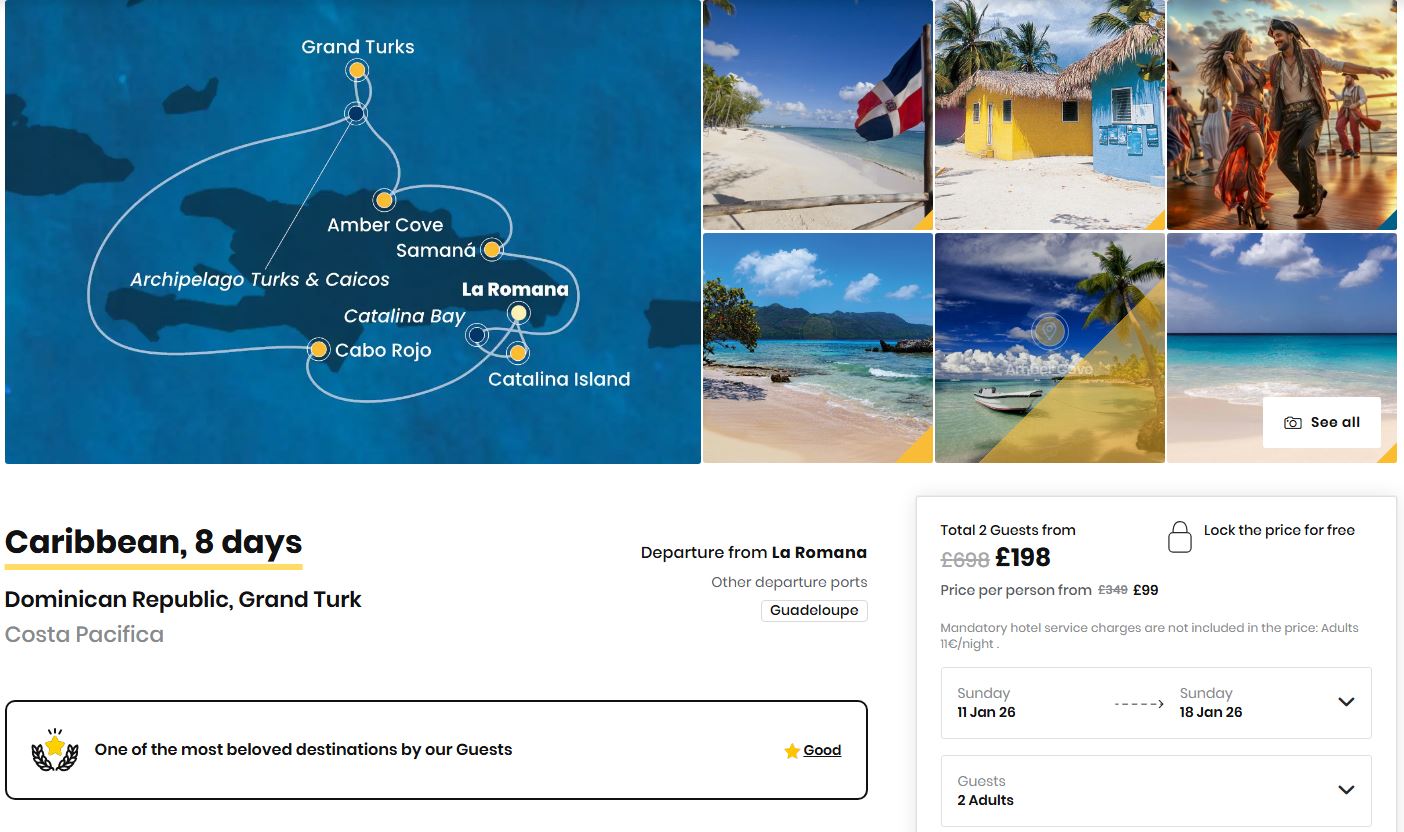 Book yourself on a 7-day Full Board cruise around the Caribbean for only $133 USD per person. Flight deal ticket image.