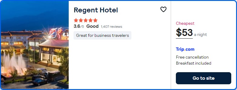 Click here to book this cheap flight deal. Stay at the 5* Regent Hotel in Dali, China for only $53 USD per night. Flight deal ticket image.
