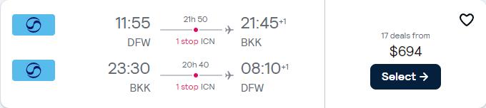 Cheap flights from Dallas, Texas to Bangkok, Thailand for only $694 roundtrip with Korean Air. Flight deal ticket image.