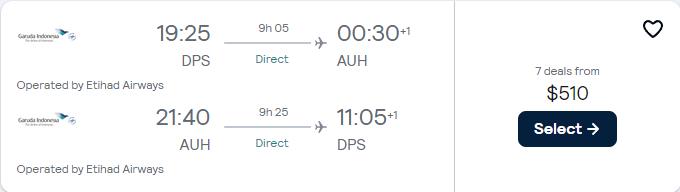 Click here to book this cheap flight deal. Error Fare Business Class flights from Bali, Indonesia to Abu Dhabi, UAE for only $510 USD roundtrip with Etihad Airways. Flight deal ticket image.