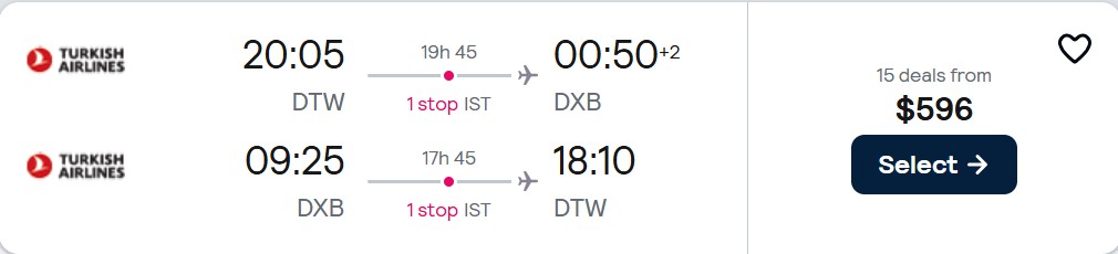 Click here to book this cheap flight deal. Cheap flights from Detroit to Dubai, UAE for only $596 roundtrip with Turkish Airlines. Flight deal ticket image.