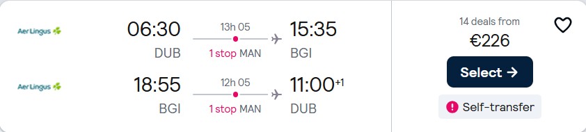 Cheap flights from Dublin, Ireland to Barbados for only €226 roundtrip with Aer Lingus. Flight deal ticket image.