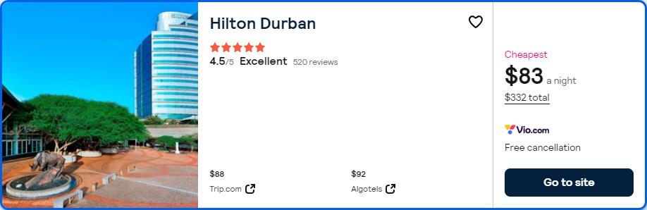 Stay at the 5* Hilton Durban in Durban, South Africa for only $83 USD per night. Flight deal ticket image.