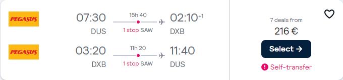 Click here to book this cheap flight deal. Cheap flights from Dusseldorf, Germany to Dubai, UAE for only €216 roundtrip. Flight deal ticket image.