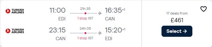 Cheap flights from Edinburgh, Scotland to Guangzhou, China for only £461 roundtrip with Turkish Airlines. Flight deal ticket image.