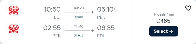 Non-stop flights from Edinburgh, Scotland to Beijing, China for only £458 roundtrip with Hainan Airlines. Flight deal ticket image.