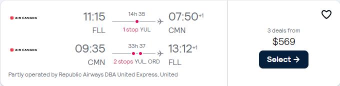 Cheap flights from US cities to Casablanca, Morocco from only $569 roundtrip with Air Canada and United Airlines. Flight deal ticket image.