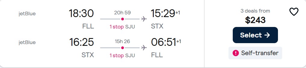 Cheap flights from Fort Lauderdale to the US Virgin Islands for only $243 roundtrip with JetBlue. Flight deal ticket image.
