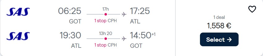 Click here to book this cheap flight deal. Business Class flights from Gothenburg, Sweden to US cities for only €1558 roundtrip with Scandinavian Airlines. Flight deal ticket image.