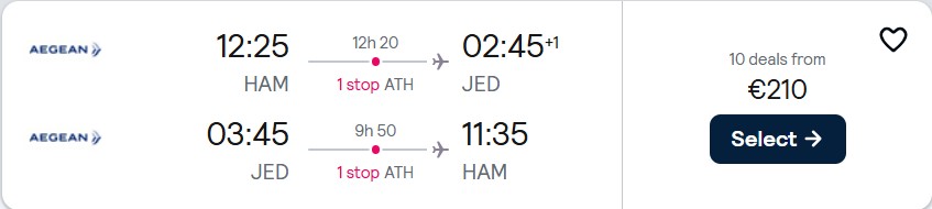 Cheap flights from European cities to Jeddah, Saudi Arabia from only €210 roundtrip with Aegean Airlines. Flight deal ticket image.