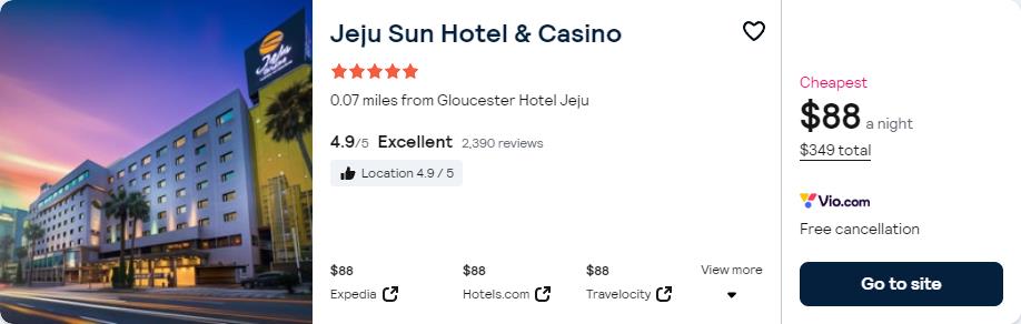 Click here to book this cheap flight deal. Stay at the 5* Jeju Sun Hotel & Casino in Jeju, South Korea for only $88 USD per night. Flight deal ticket image.