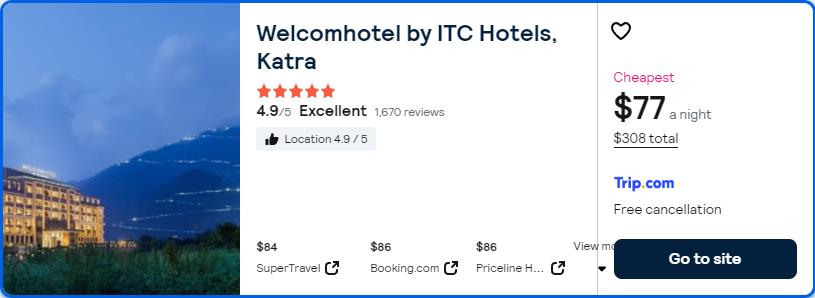 Click here to book this cheap flight deal. Stay at the 5* Welcomhotel by ITC Hotels, Katra in Katra, India for only $77 USD per night. Flight deal ticket image.