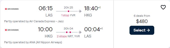 Click here to book this cheap flight deal. Cheap flights from Las Vegas to Hong Kong for only $480 roundtrip with Air Canada and All Nippon Airways. Flight deal ticket image.