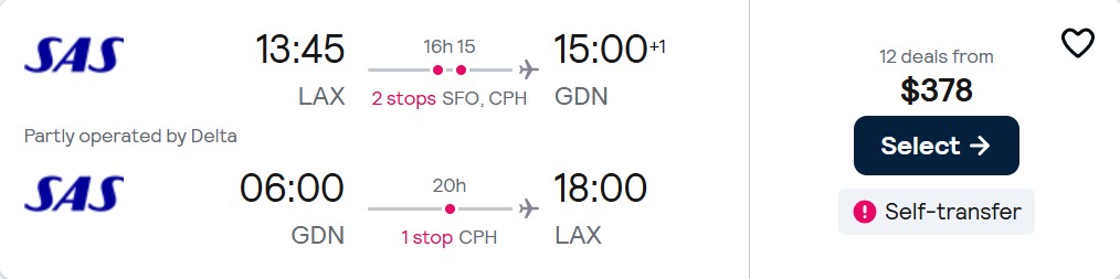 Click here to book this cheap flight deal. Cheap flights from Los Angeles to Gdansk, Poland for only $378 roundtrip with Delta Air Lines and Scandinavian Airlines. Flight deal ticket image.