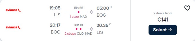 Error Fare flights from Lisbon, Portugal to Central & South America from only €141 roundtrip with TAP Air Portugal and Avianca. Appears to be a self-dump. Flight deal ticket image.