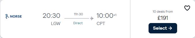 Non-stop flights from London, UK to Cape Town, South Africa for only £191 one-way. Flight deal ticket image.