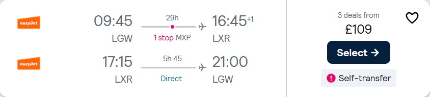 Cheap flights from London, UK to Luxor, Egypt for only £109 roundtrip. Flight deal ticket image.