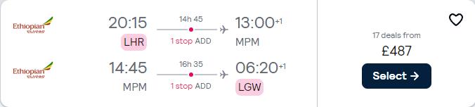 Click here to book this cheap flight deal. Cheap flights from London, UK to Maputo, Mozambique for only £487 roundtrip. Flight deal ticket image.