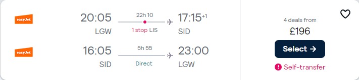 Cheap flights from London, UK to Sal, Cape Verde for only £196 roundtrip. Flight deal ticket image.