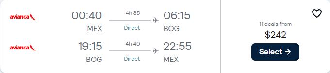 Click here to book this cheap flight deal. Non-stop flights from Mexico City, Mexico to Bogota, Colombia for only $242 USD roundtrip with Avianca. Flight deal ticket image.