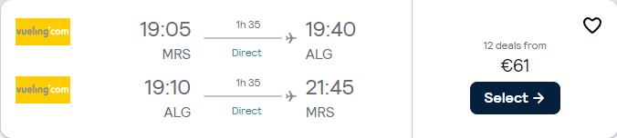 Click here to book this cheap flight deal. Non-stop flights from Marseille, France to Algiers, Algeria for only €61 roundtrip. Flight deal ticket image.