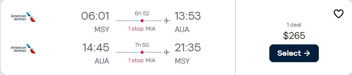 Cheap flights from New Orleans to Aruba for only $265 roundtrip with American Airlines. Flight deal ticket image.