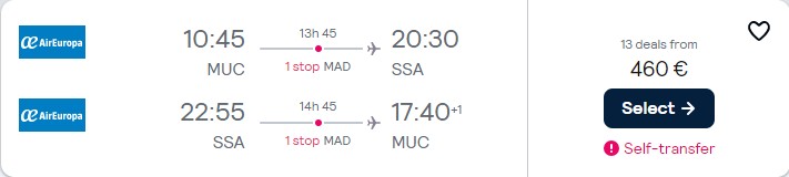 Cheap flights from Munich, Germany to Salvador, Brazil for only €460 roundtrip with Air Europa. Flight deal ticket image.