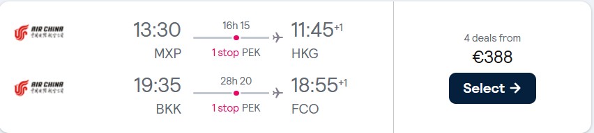 Click here to book this cheap flight deal. Double open-jaw flights from Milan, Italy to Hong Kong returning from Bangkok, Thailand to Rome for only €388. Flight deal ticket image.