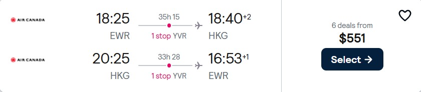 Click here to book this cheap flight deal. Cheap flights from New York to Hong Kong for only $551 roundtrip with Air Canada. Flight deal ticket image.