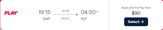 Non-stop flights from New York to Reykjavik, Iceland for only $90 one-way. Flight deal ticket image.
