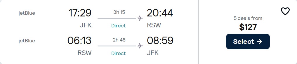 Non-stop flights from New York to Fort Myers, Florida for only $127 roundtrip with JetBlue. Also works in reverse. Flight deal ticket image.